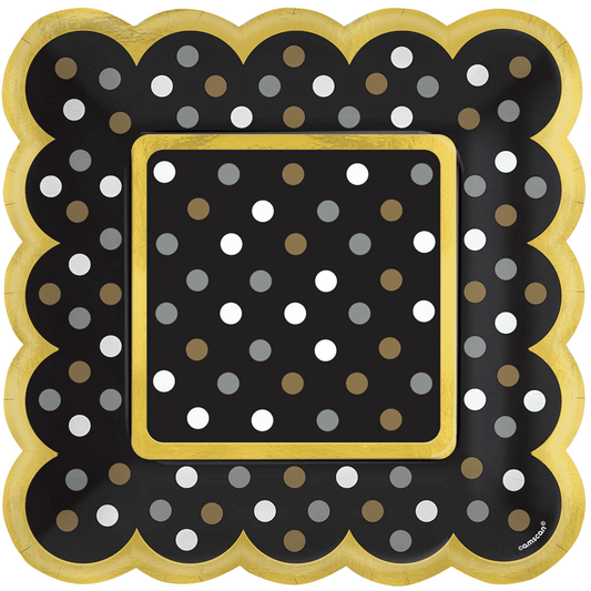 Black scalloped square plate with gold border and multicolored polka dots.