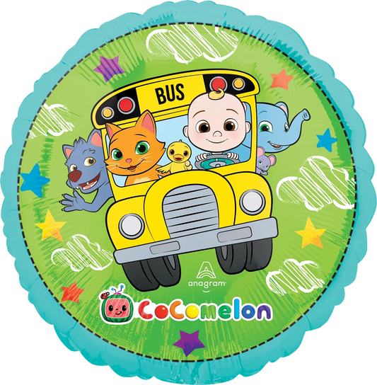 Round foil balloon featuring bright green background with Cocomelon characters riding a yellow school bus.