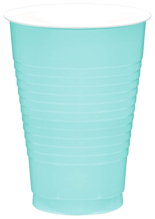 Robin egg blue disposable plastic cup with ribbed sides, 12-ounce capacity.