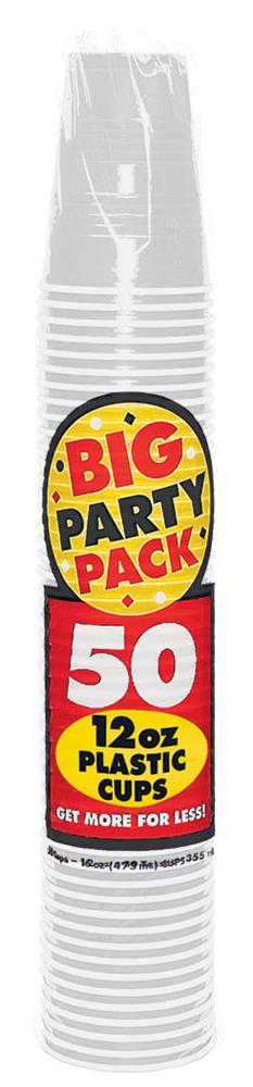 Stack of clear silver-tinted 12oz plastic cups with yellow and red "Big Party Pack 50ct" label.