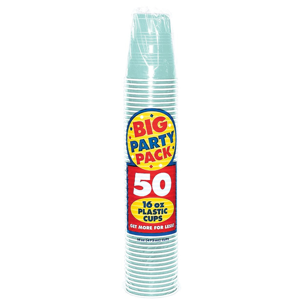 Stack of 50 robin egg blue 16oz plastic cups with party pack label.