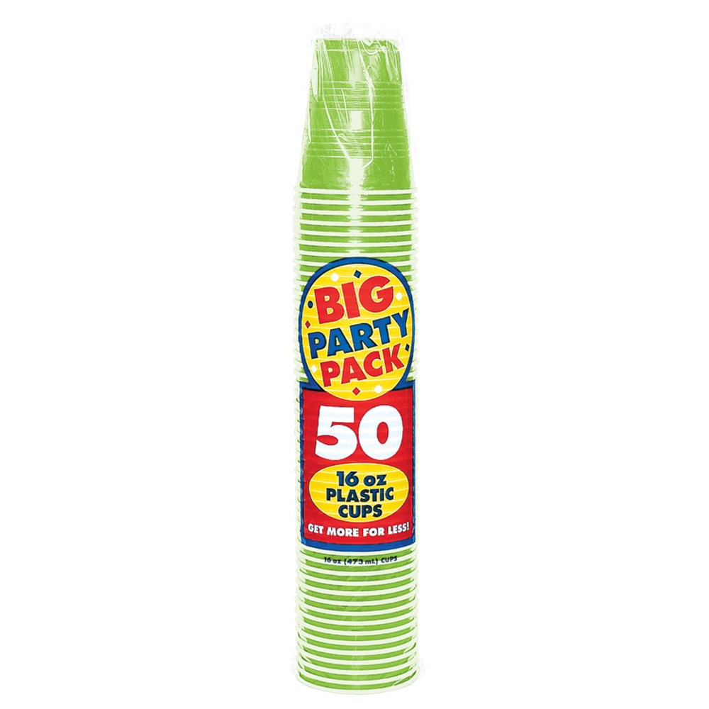 Stack of 16oz bright green plastic cups with colorful "Big Party Pack" label showing quantity of 50 cups.