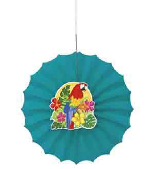 12-inch teal paper fan with scalloped edges, featuring a colorful parrot and tropical flowers design in the center.