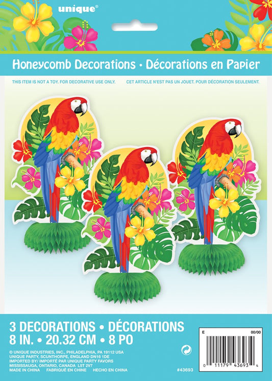 Three vibrant paper honeycomb decorations featuring red and yellow parrots perched on green leaves with colorful tropical.