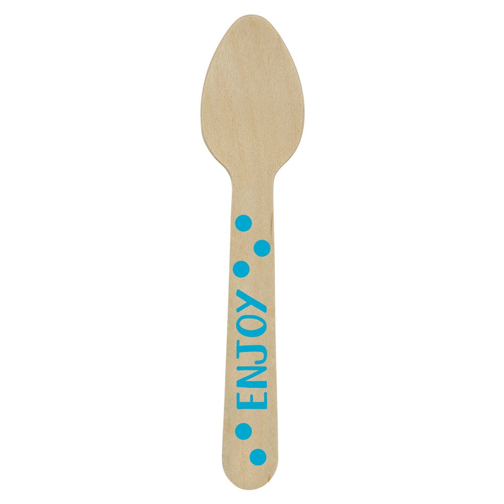 Small wooden spoon with rounded bowl and blue dots and "ENJOY" text on handle.