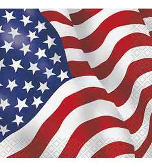 Square napkin printed with the American flag featuring white stars on blue and red and white stripes.