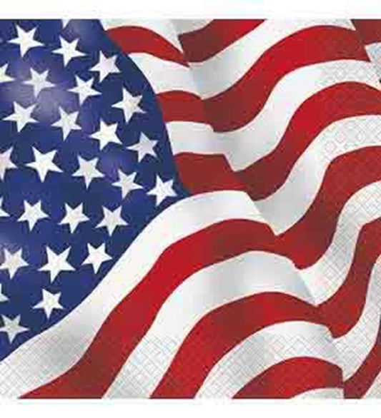 Large paper napkin featuring a waving USA flag design with stars and red and white stripes.