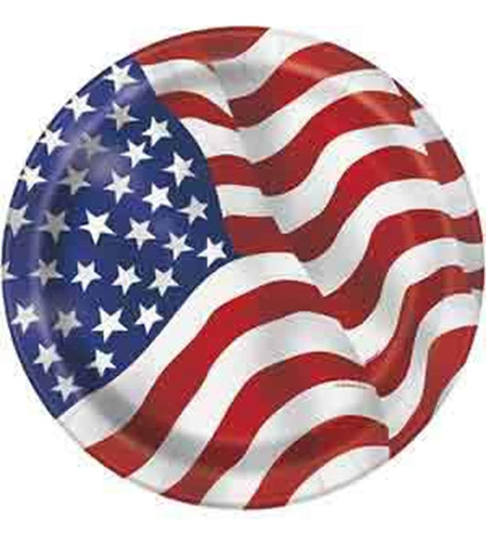 Round paper plate with a waving American flag design in red, white, and blue colors.
