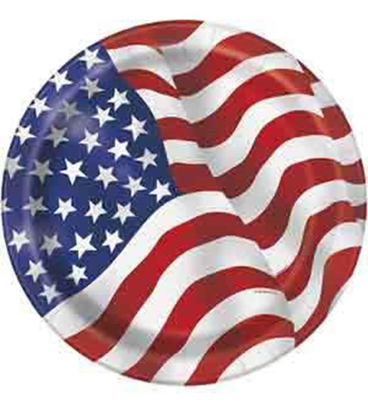 Round paper plate with a waving American flag design featuring red and white stripes and white stars on a blue field.
