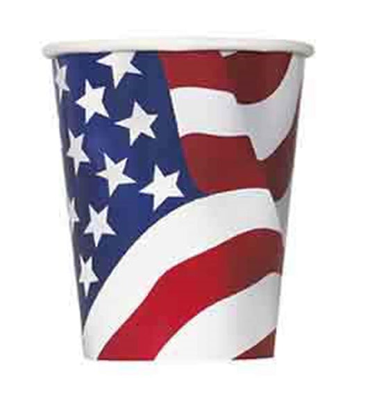 9oz paper cup with swirling American flag design in red, white, and blue with stars and stripes.