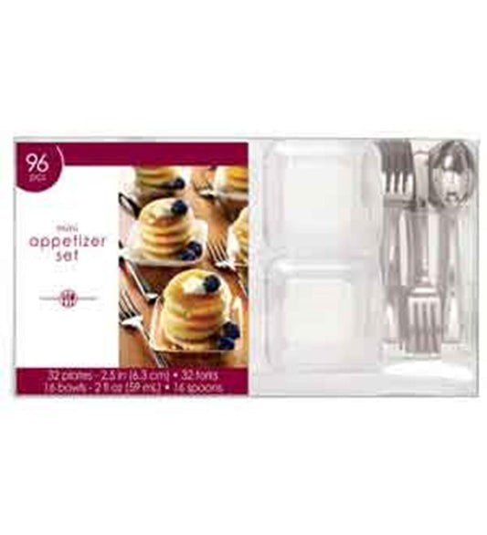 Clear plastic mini appetizer plates and matching silver plastic forks and spoons set, 96 pieces total.