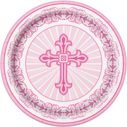 Round pink paper plate with ornate cross design in the center and decorative floral border.