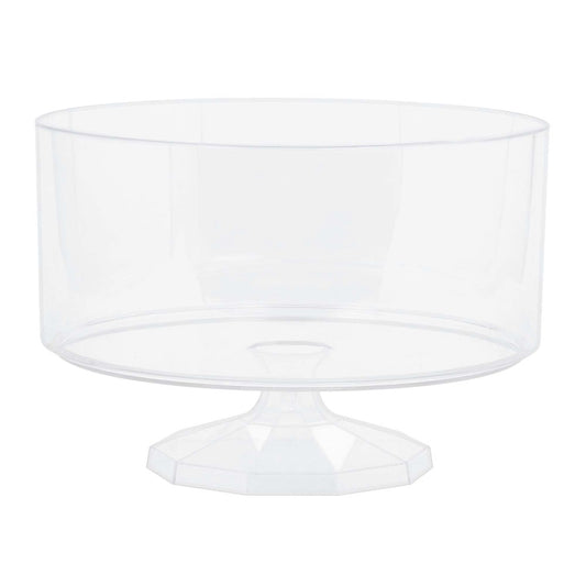 Clear plastic small trifle container with pedestal base and wide round bowl.