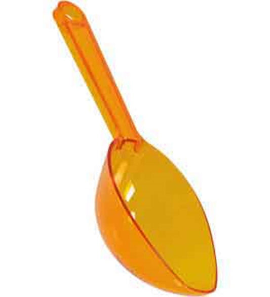 Bright orange plastic scoop with a deep rounded bowl and a long handle.