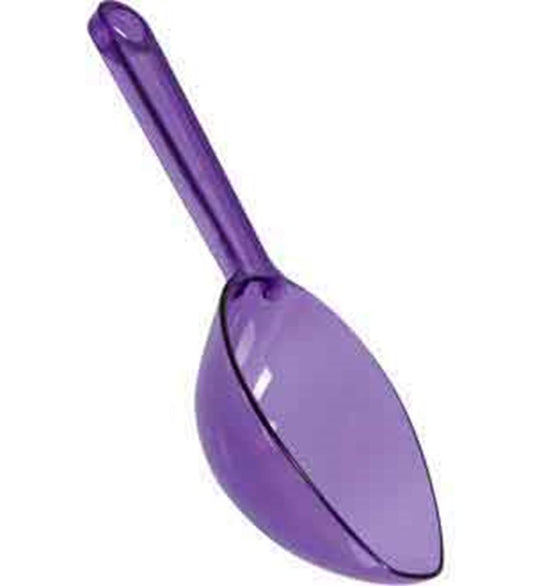 Purple plastic scoop with a deep, oval-shaped bowl and a straight handle.