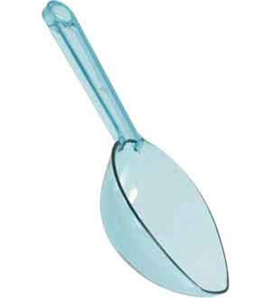 Robins egg blue plastic scoop with smooth curved handle and deep bowl.