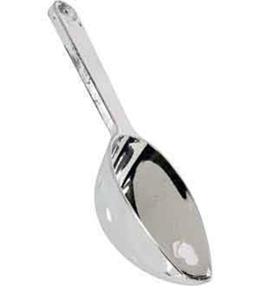 Shiny silver metal scoop with a deep, rounded bowl and a flat handle featuring a hole for hanging.