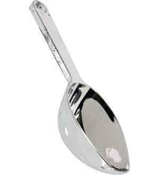 Shiny silver metal scoop with a deep, rounded bowl and a flat handle featuring a hole for hanging.