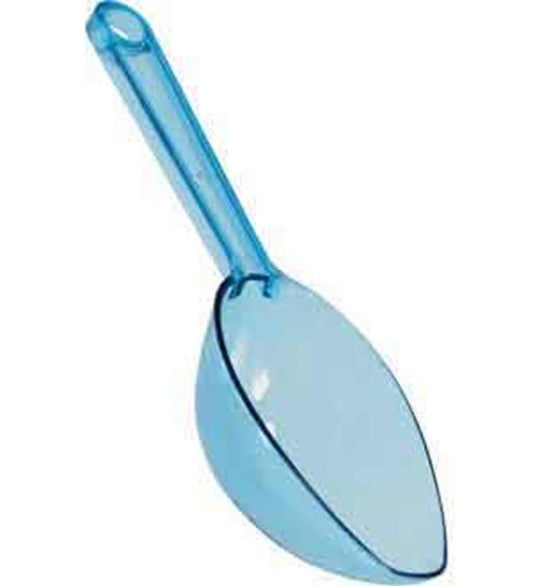 Caribbean blue plastic scoop with a long handle and rounded tip.