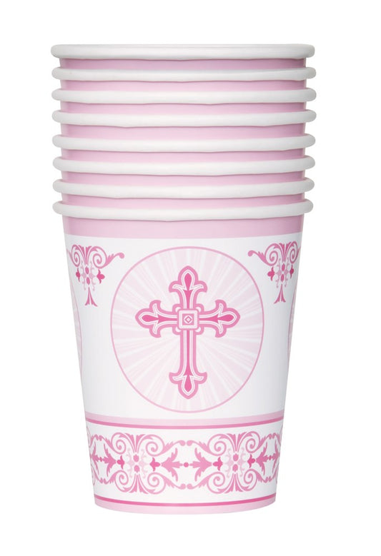 Stack of white paper cups with pink cross design and decorative border, 9oz size.