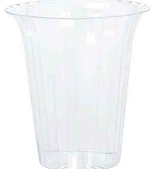 Clear flared cylindrical glass vase with smooth, slightly tapered sides and wide open top.
