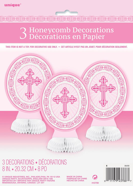 Three 8-inch pink paper honeycomb decorations with white bases, each featuring a white cross design within circular frames.