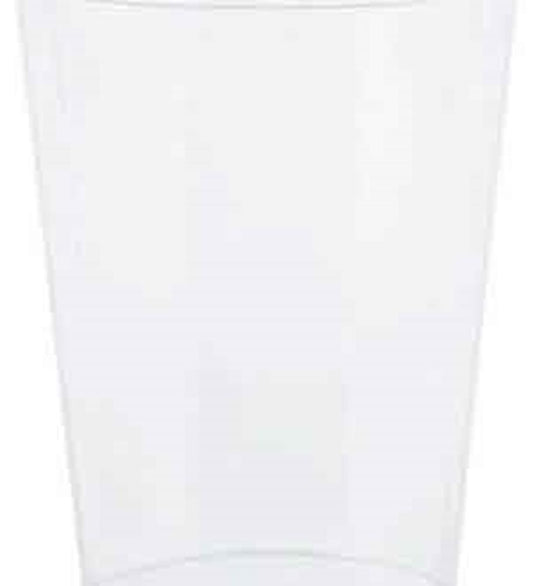 Clear medium-sized cylindrical plastic container with smooth sides and open top.