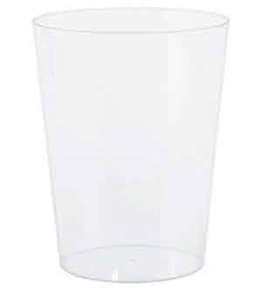 Clear transparent plastic cylinder container with smooth sides and a wide open top.