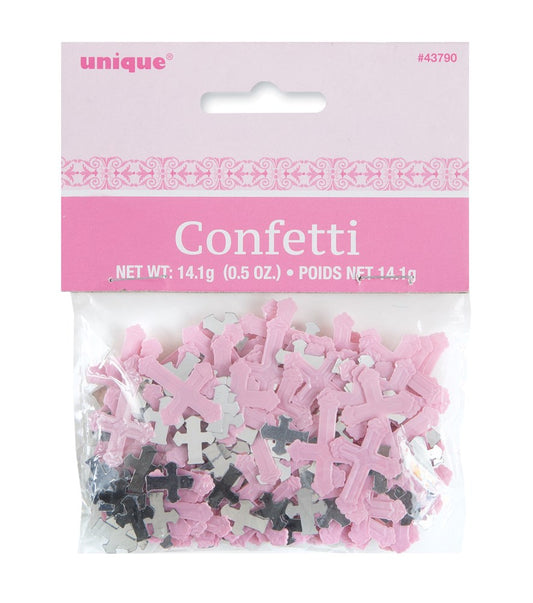 Small pink and black confetti crosses in a clear plastic bag with pastel pink labeled header card.