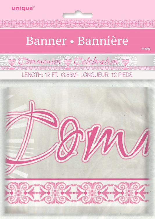 Pink cross and cursive "Dom" lettering on a 12ft white fabric banner with decorative pink border.