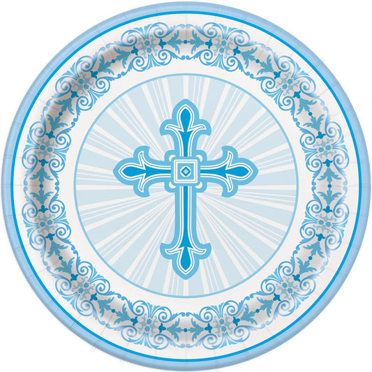 Round paper plate with a blue ornate cross in the center and decorative scrollwork border.