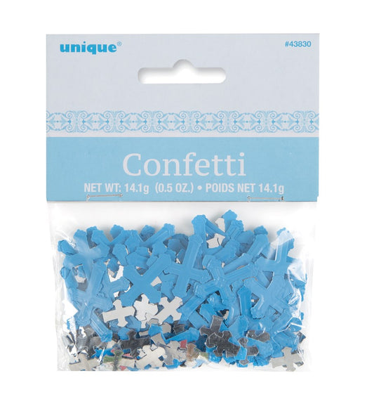Small blue cross-shaped confetti in clear 0.5oz plastic bag with light blue header card.