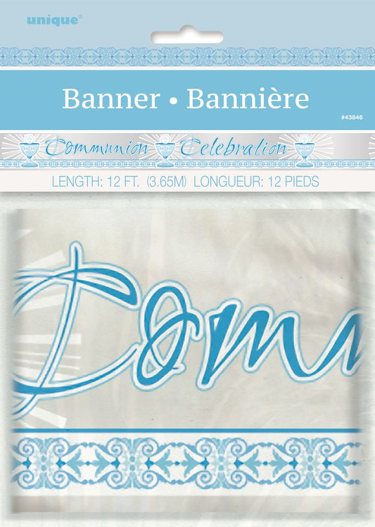 Blue and white 12ft cross banner with "Dom" text and decorative scroll pattern for Communion celebration.
