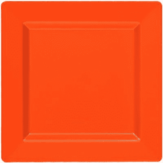 Bright orange square plate with slightly raised edges, smooth matte finish, 10-inch size.