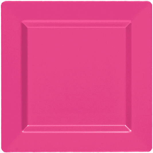 Bright pink square plastic plate with raised edges, 10-inch size.