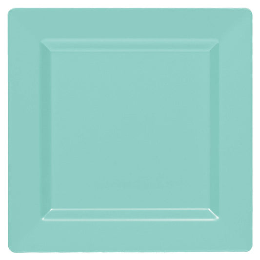 Square robins egg blue plate with raised edge, 10-inch size, smooth matte finish.