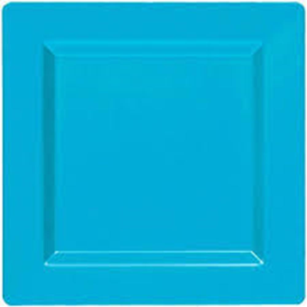 Caribbean blue square plate with raised edges, 10-inch size, smooth matte finish.