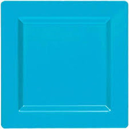 Caribbean blue square plate with raised edges, 10-inch size, smooth matte finish.