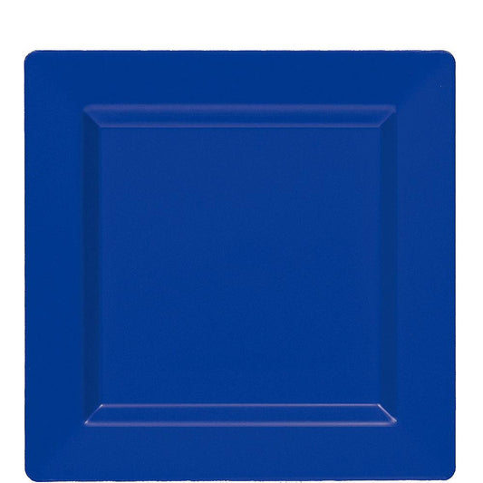Royal blue square plate with slightly raised edges and smooth matte finish, 7.25 inches wide.