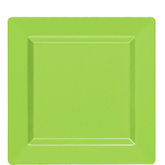 Square lime green plastic plate with slightly raised edges and a matte finish.