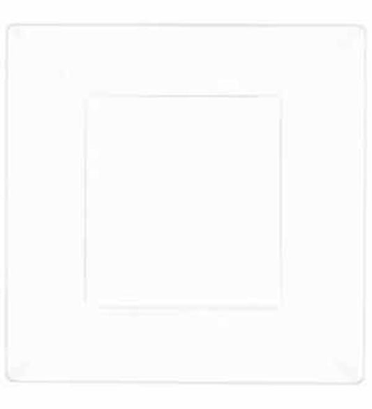 White square plastic plate with slightly raised edges, 9.5-inch size.