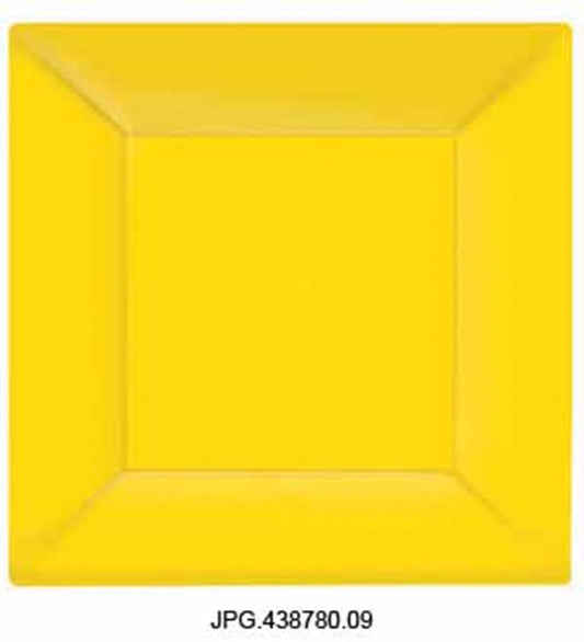 Bright yellow square plate with slightly raised edges, 10.75 inches wide, plastic material.