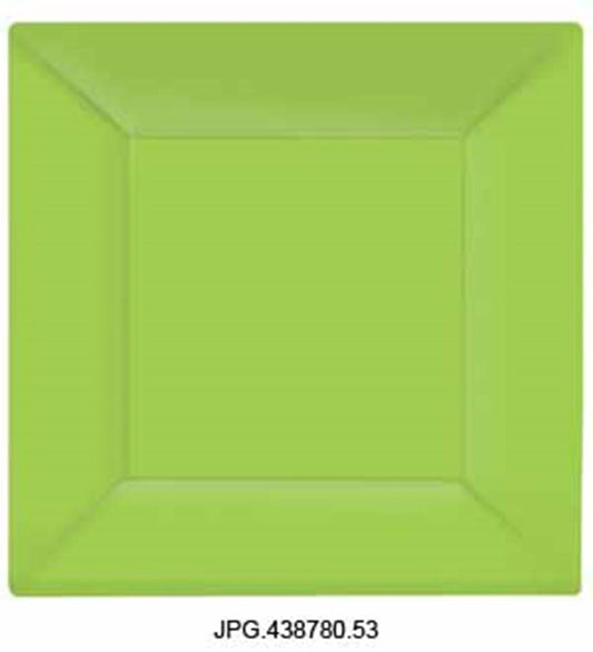 Bright green square plastic plate with slightly raised edges, 10.75 inches wide.