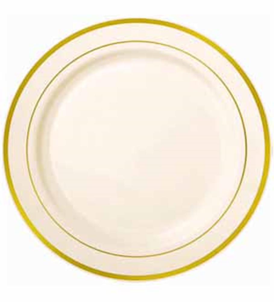 Cream-colored round plastic plate with gold trim, 7.5 inches diameter.