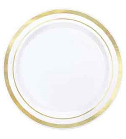 White Premium Plastic Round Plates with Gold Trim 6.25 inch 20ct