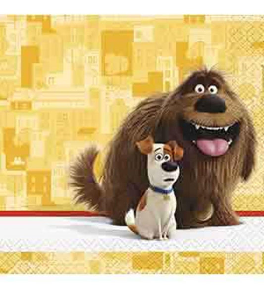 Square yellow paper napkin featuring animated dogs with dark brown and white fur against a patterned background.
