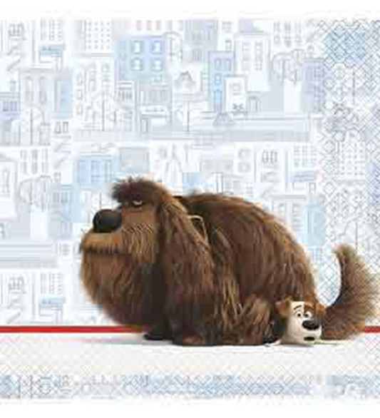 Large blue napkin featuring a shaggy brown dog with a small white dog on a cityscape background.