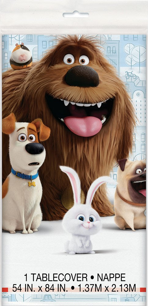 White rectangular tablecover featuring colorful cartoon characters from The Secret Lives of Pets, including a large brown.
