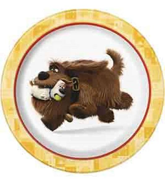 Round yellow children's plate featuring a cartoon brown dog carrying a small white bird in its mouth.