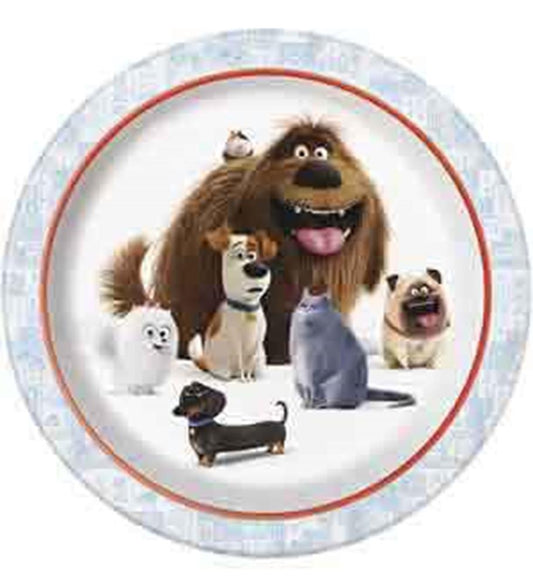 Round white paper plate with red rim featuring colorful cartoon dogs and a cat from Secret Lives of Pets.